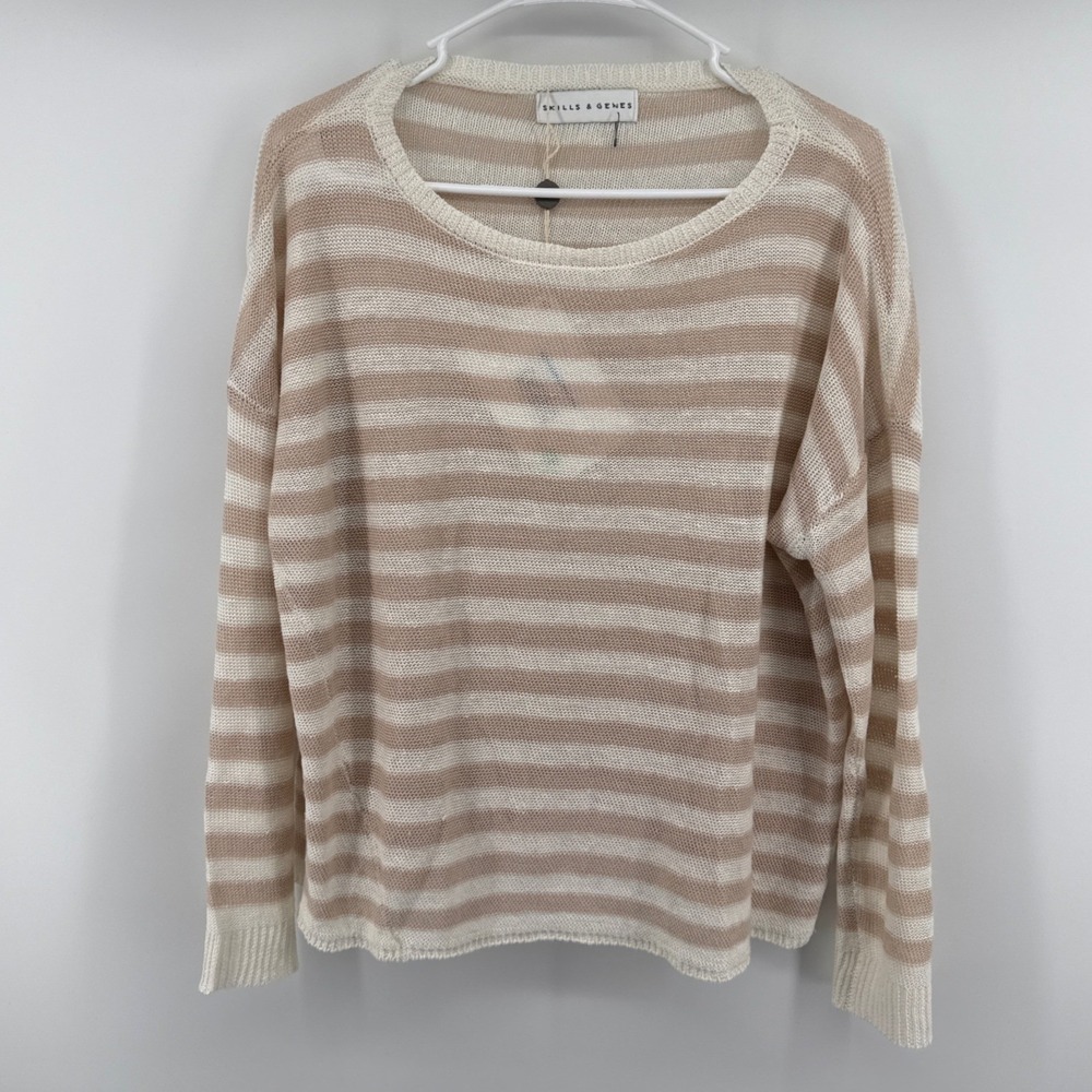 Skills & Genes Womens 100% Linen Striped Lightweight Sweater Tan Cream W214M03 S